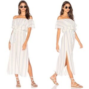Joie Off-Shoulder White Maxi Dress with Blue Stripes